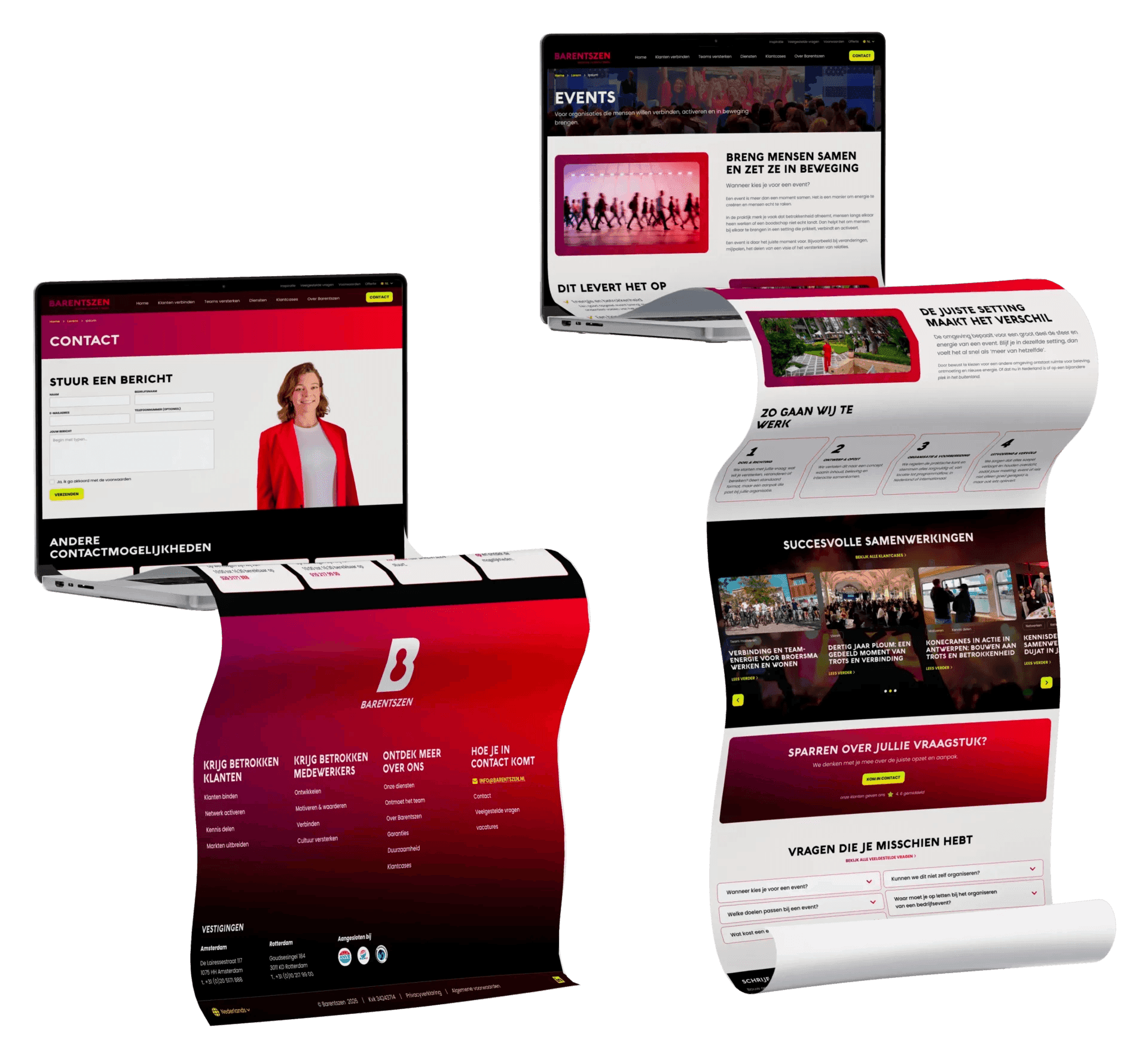 Barentszen contact page and event page on a laptop