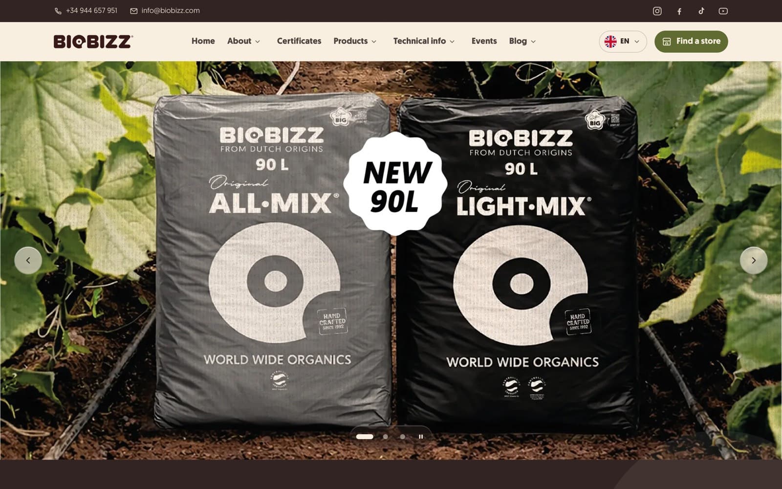 Homepage of biobizz.com with the new 90 litre substrates