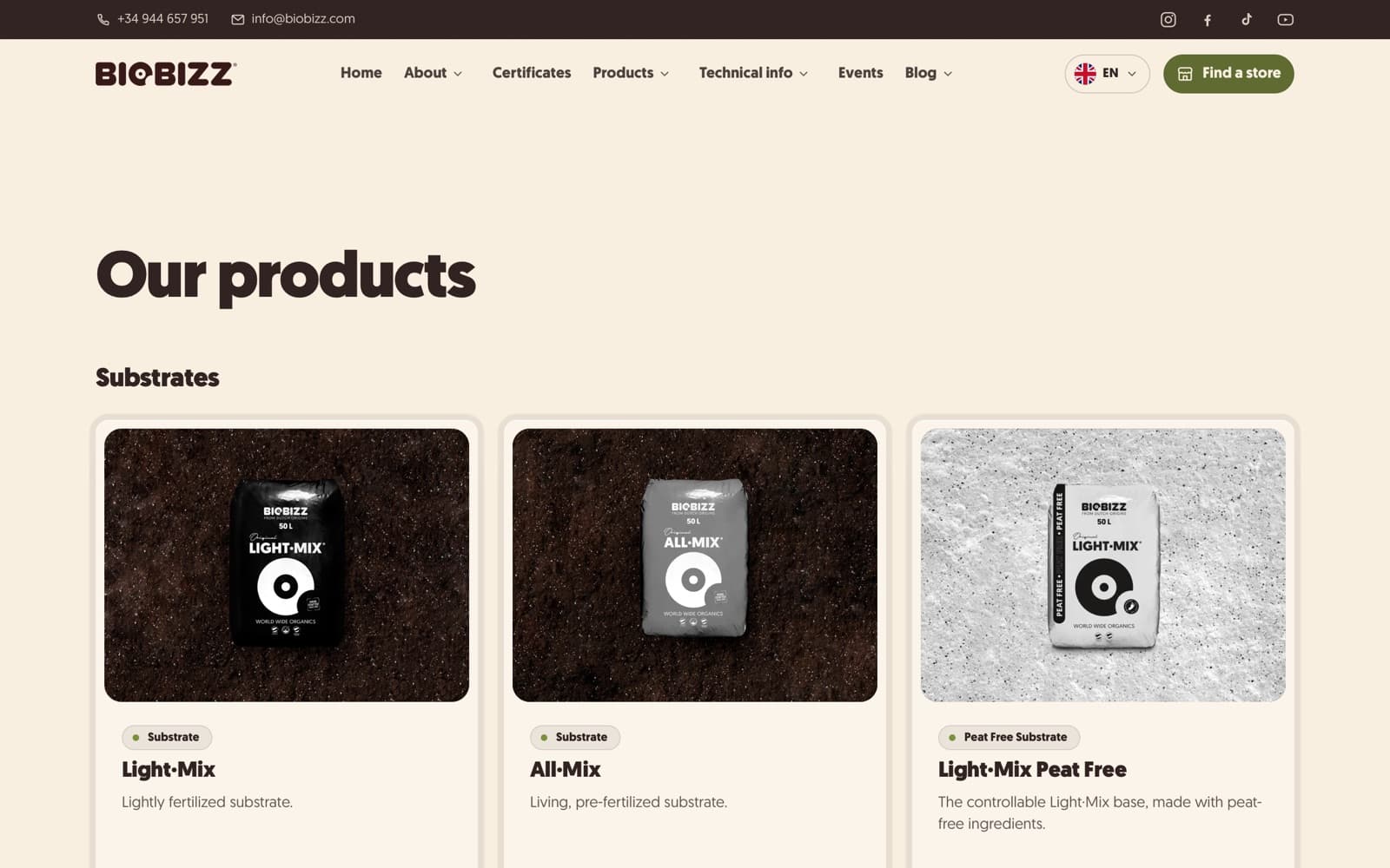 The products page on biobizz.com with the substrates