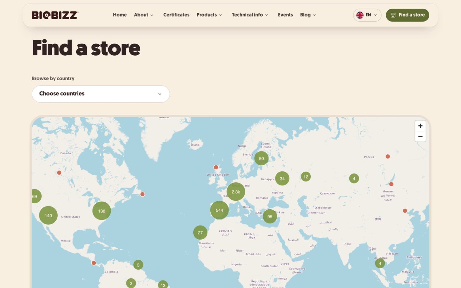 The store finder on biobizz.com: a world map with shops clustered per country