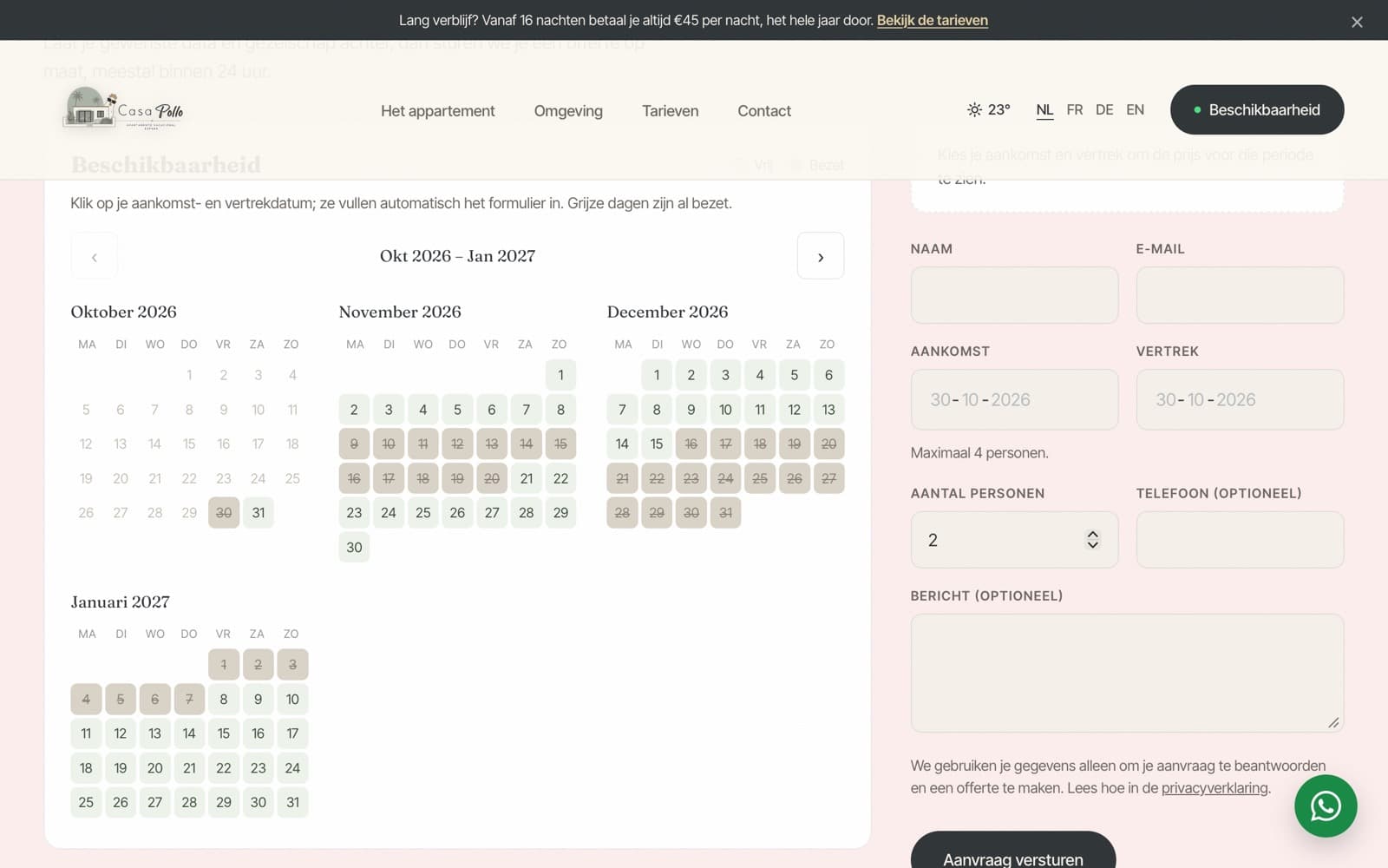 Availability calendar next to the booking request form