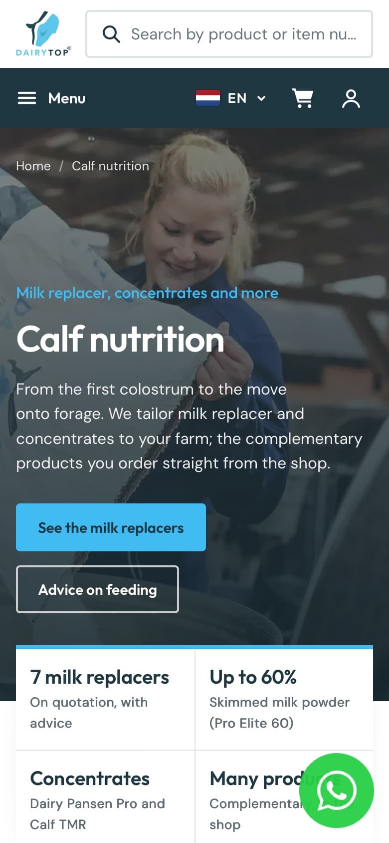 The calf nutrition page on a phone