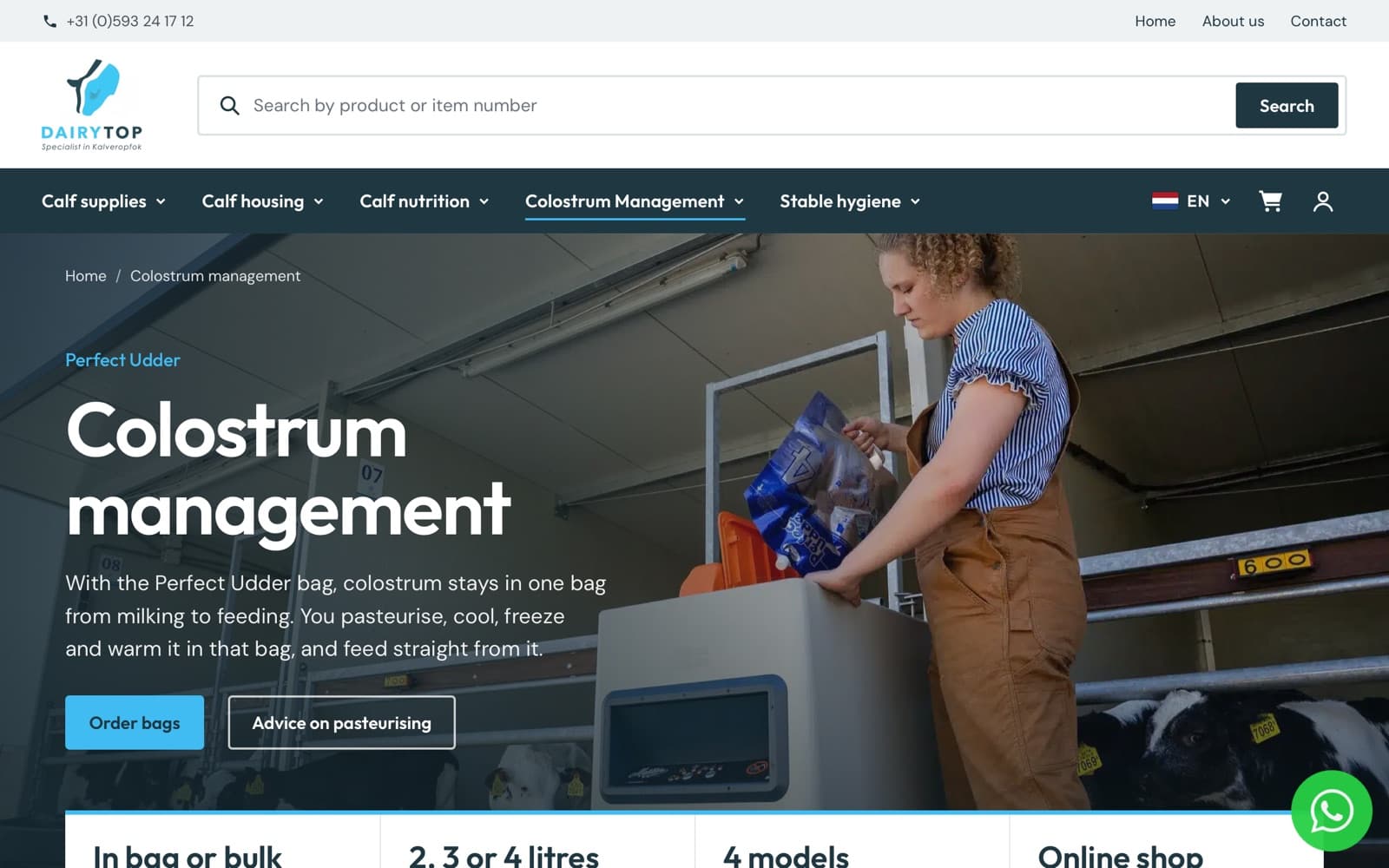 The colostrum management page with pasteurisers and colostrum bags