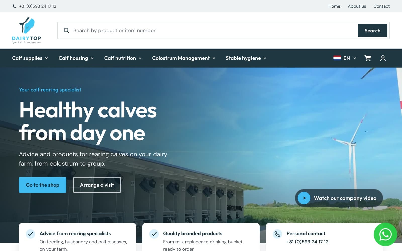 The dairytop.eu homepage with search and product menu