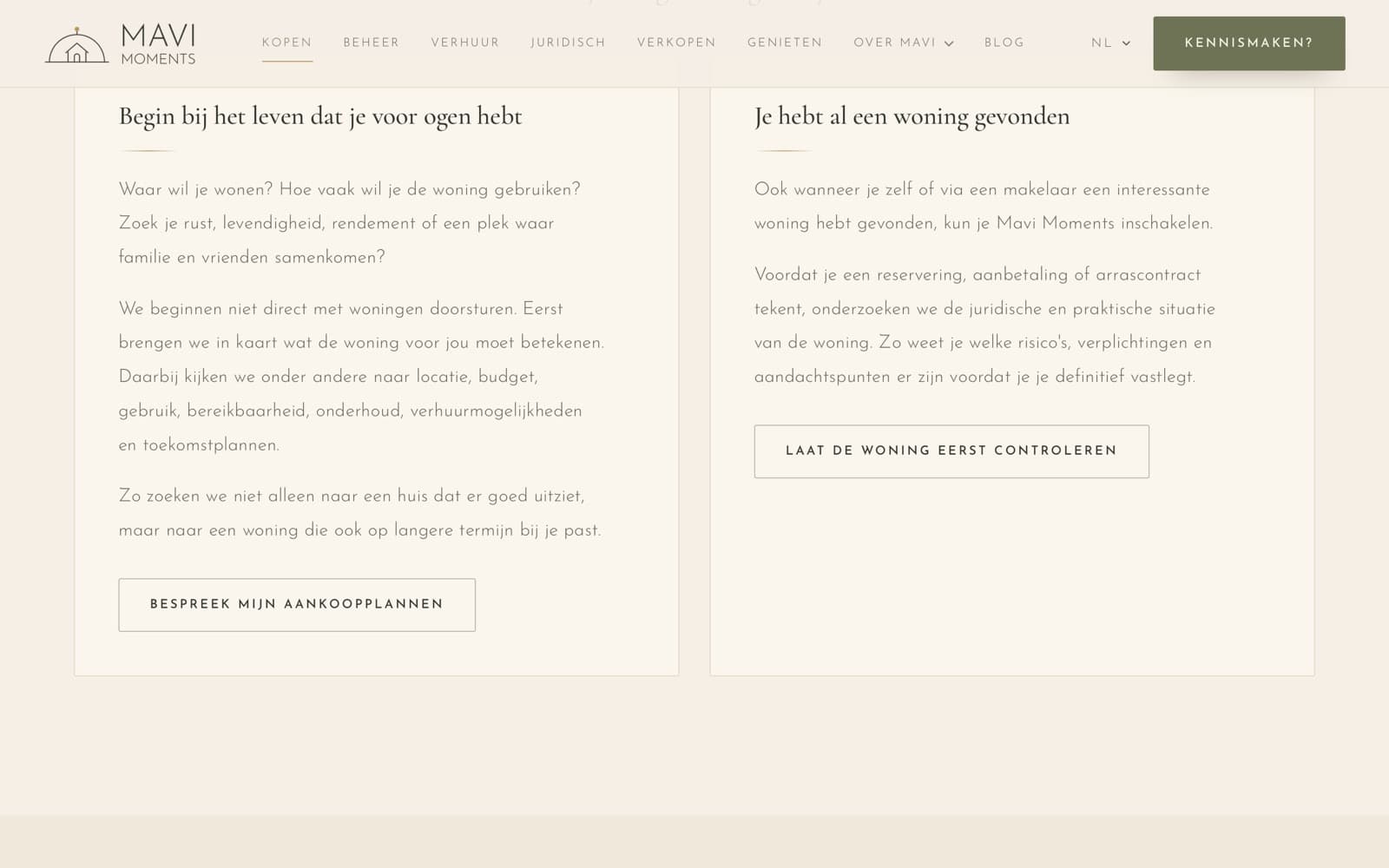Two paths on the buying page: starting from your own wishes, or checking a house you have already found