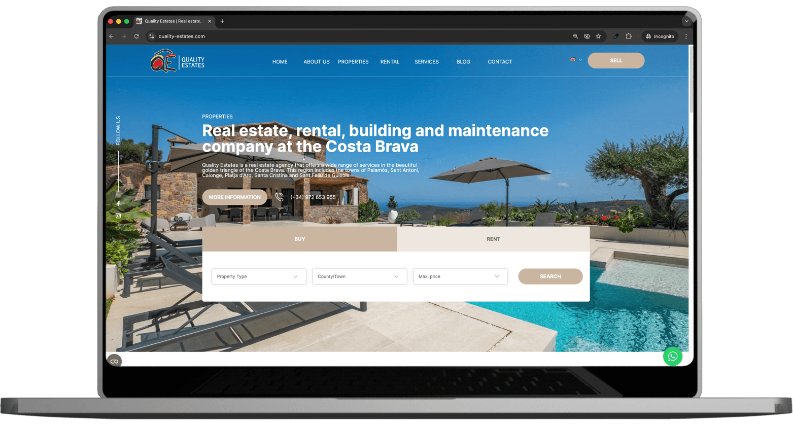 La web de Quality Estates, inmobiliaria de la Costa Brava, abierta en un portátil con buscador de propiedades
