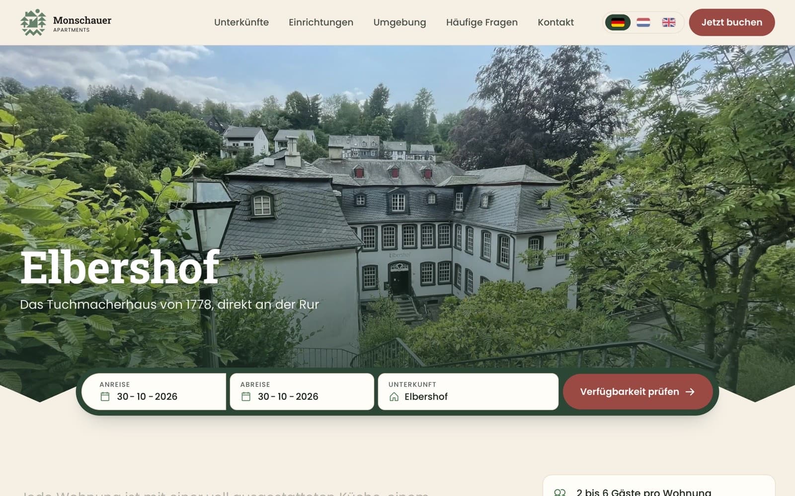 The Elbershof page on monschauerapartments.de: the 1778 cloth merchant's house on the Rur, with the booking bar