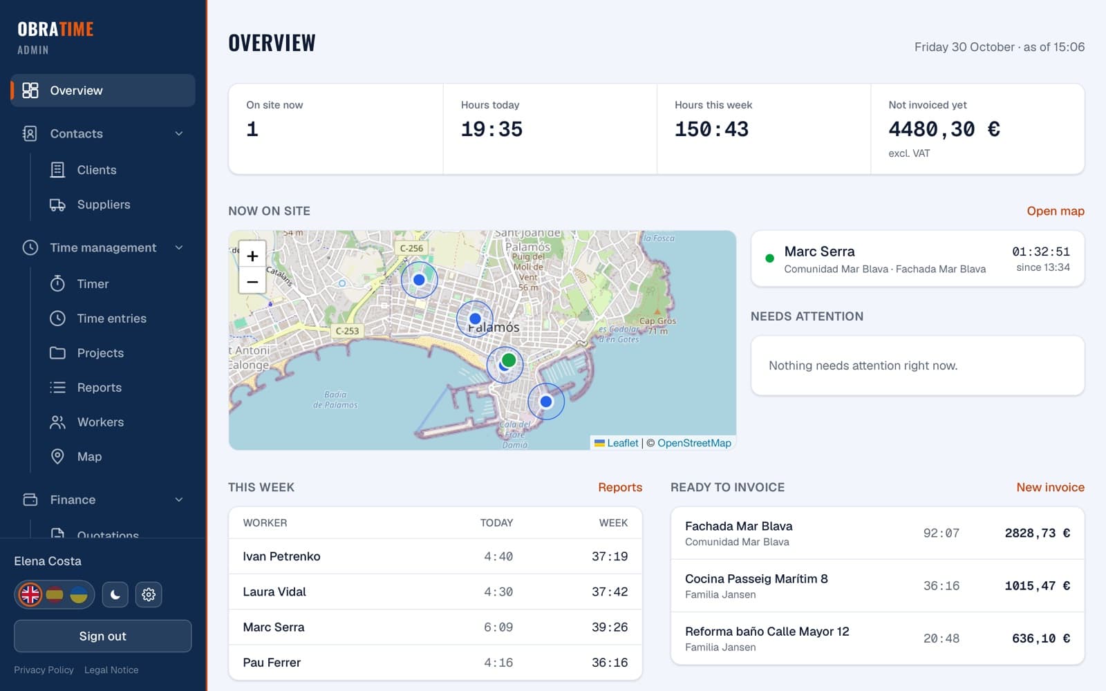 The ObraTime overview: who is on site, hours this week and what is ready to invoice (sample data)