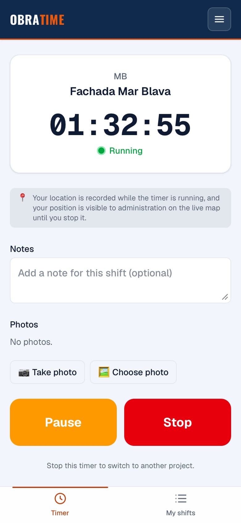 The worker timer on a phone, running on a site (sample data)