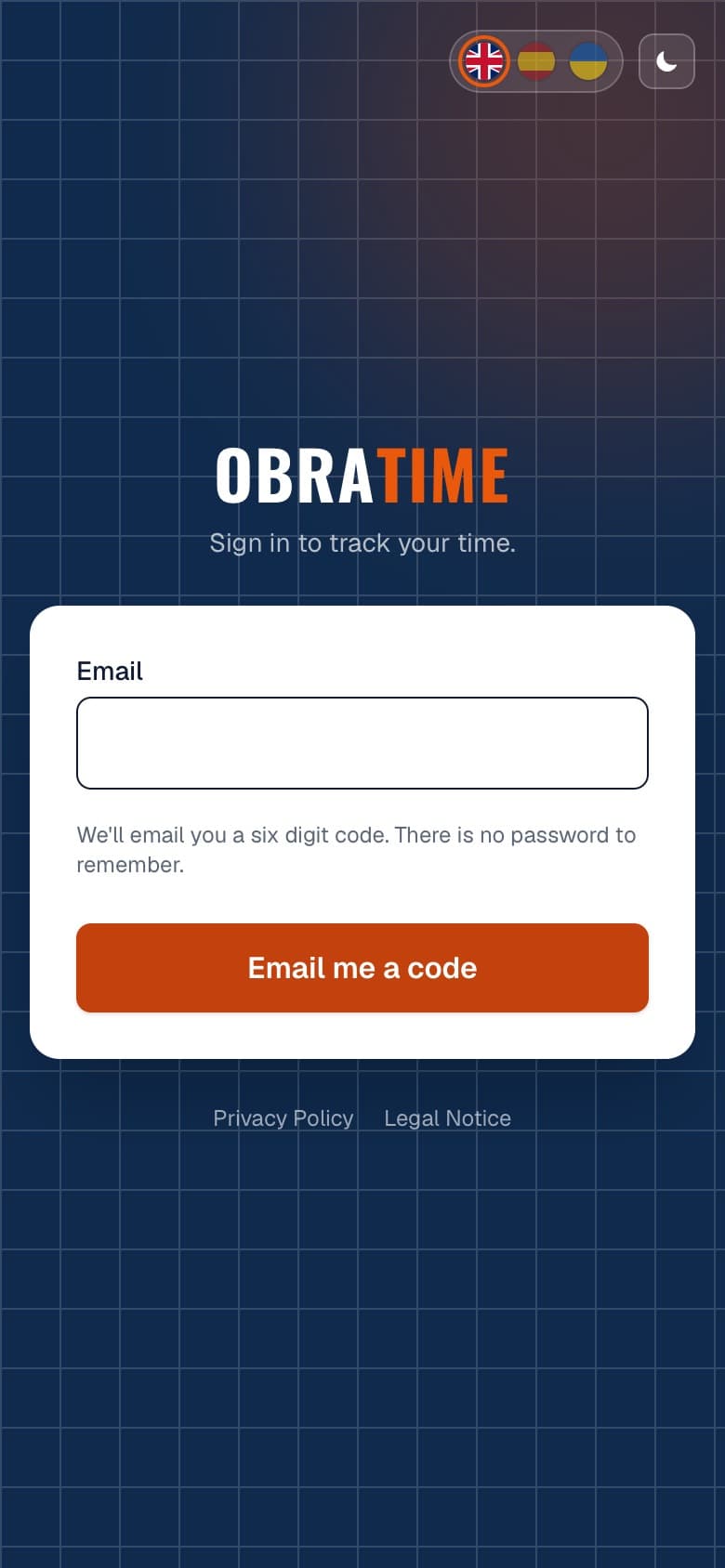The ObraTime sign-in page on a phone