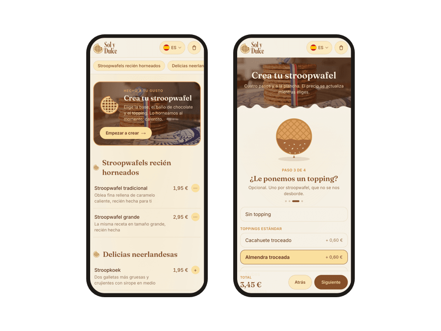 The menu and the stroopwafel builder on two phones