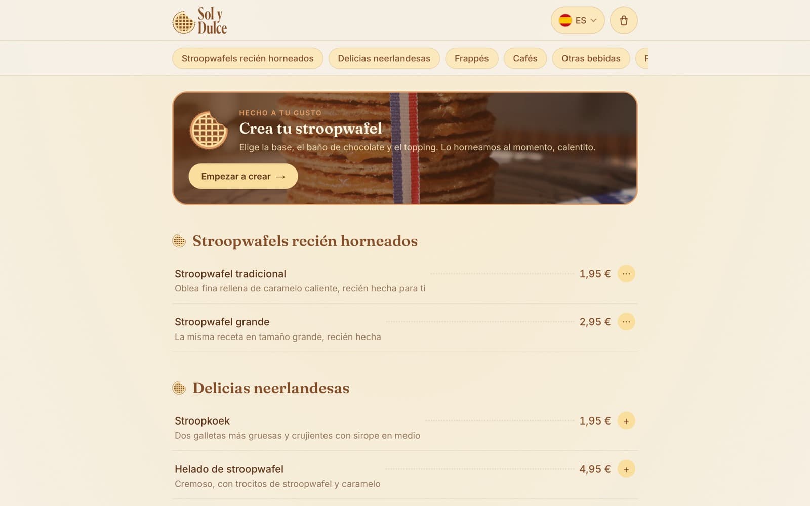 The Sol y Dulce menu on carta.solydulce.com with the build-your-own stroopwafel card