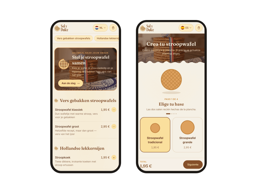 The menu in Dutch and the first step of the stroopwafel builder