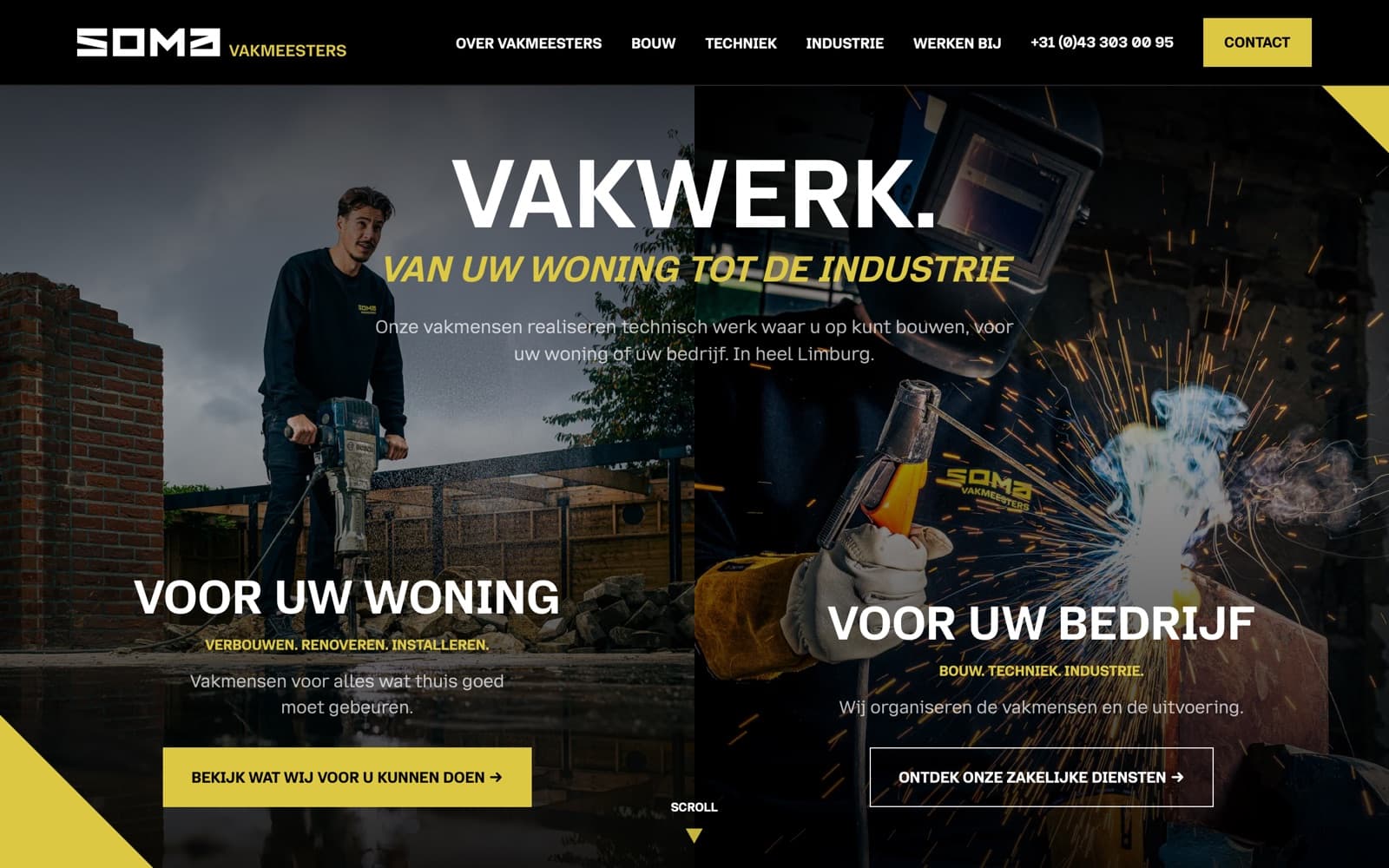 Homepage of somavakmeesters.nl with two doors: for your home and for your business