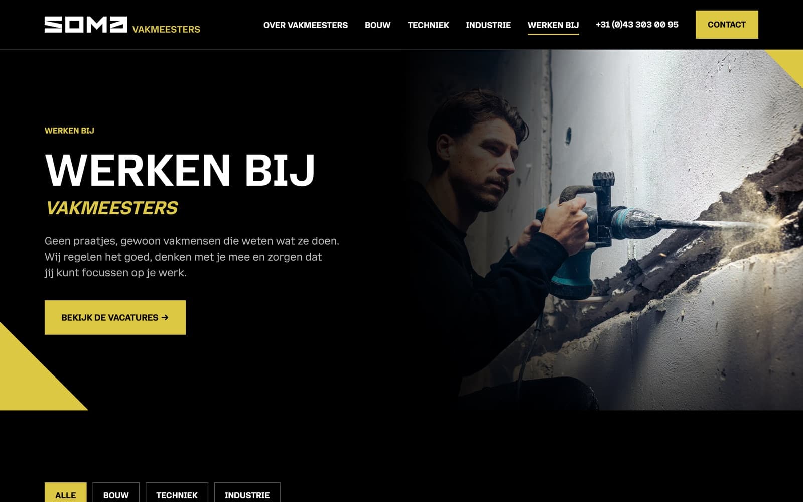 The Werken bij page with a filter for building, technical and industry