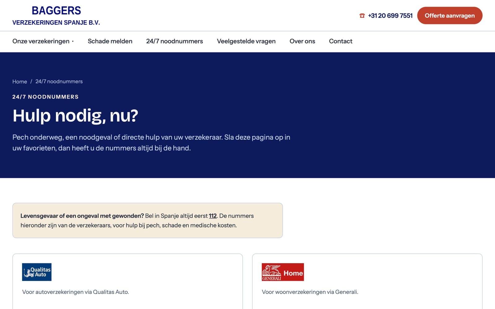 The emergency numbers page: call 112 first, then the numbers per insurer