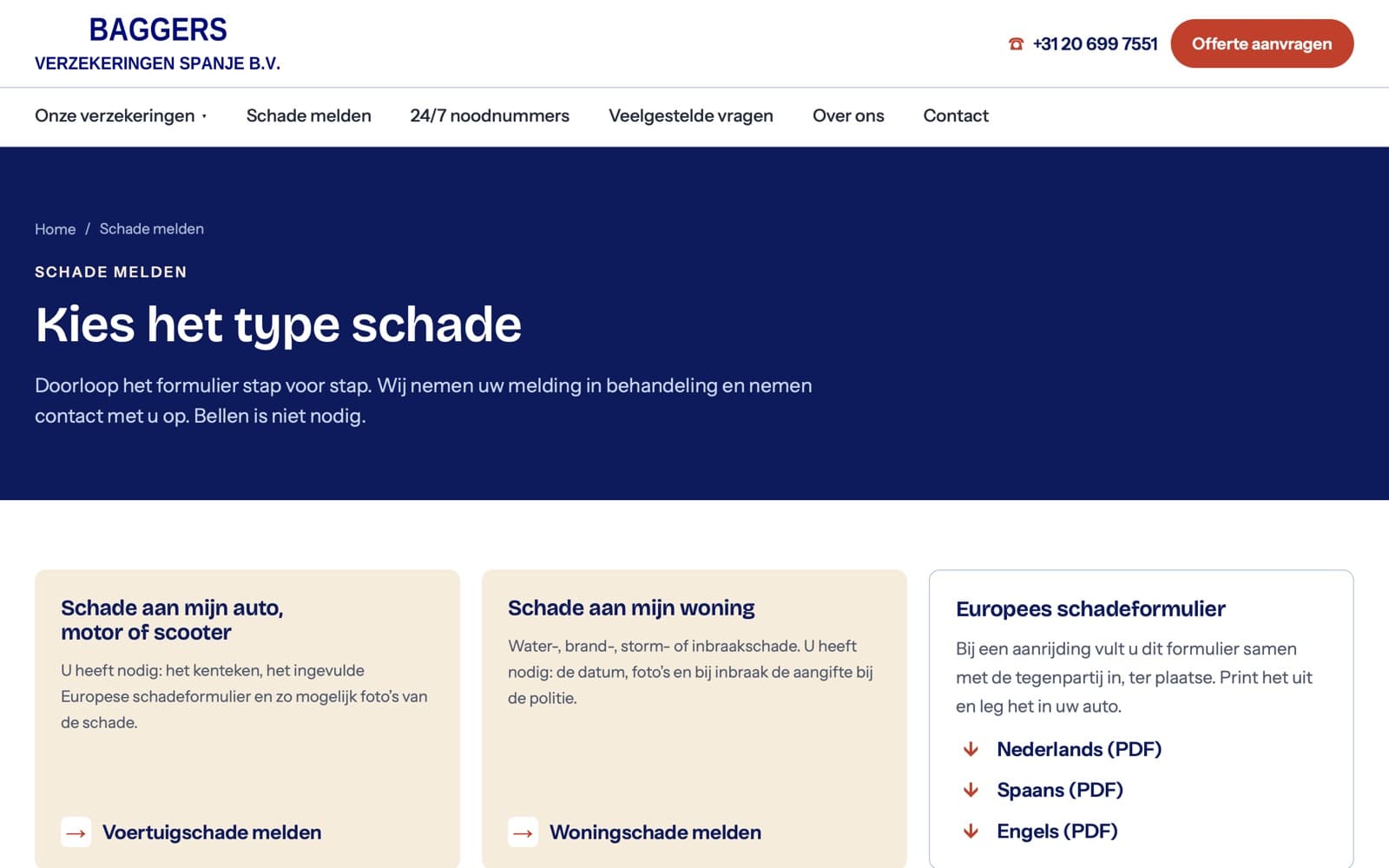 The claim page: choose vehicle damage or home damage, and download the European accident form