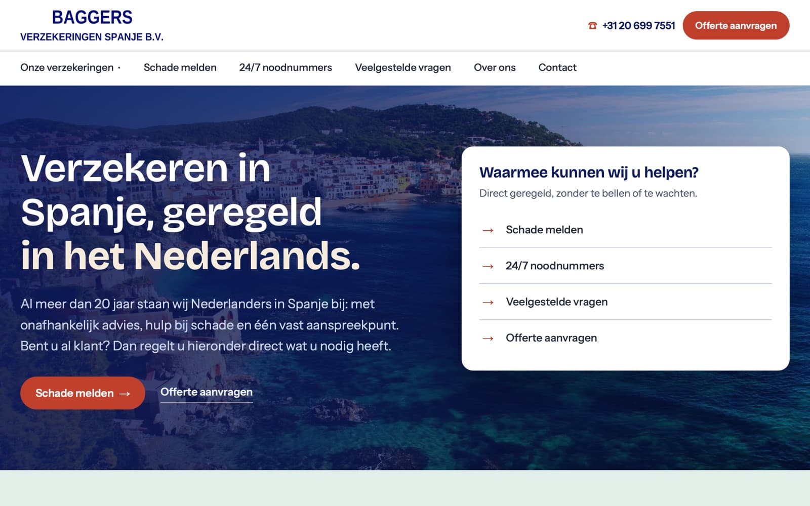 Homepage of verzekeren-in-spanje.nl with the quick actions for claims, emergency numbers and questions